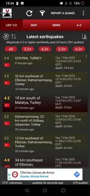 Volcanoes & Earthquakes android App screenshot 1